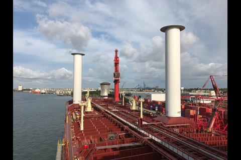 Norsepower’s Rotor Sail installation onboard ‘Maersk Pelican’ has returned an LR validated fuel saving of 8.2%. Image: Norsepower